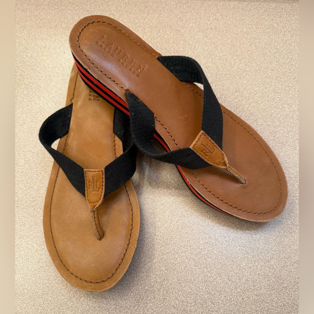 Ralph Lauren Blue Red Wedge Thongs Sandals Slides Size 9